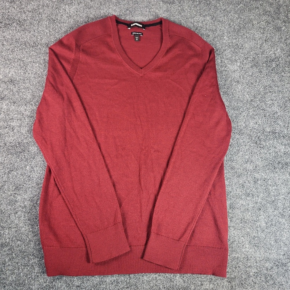 Express Mens Merino Wool Blend V-Neck Sweater Red Size Medium M